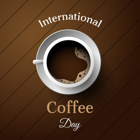 international coffee day banner design with wooden background. vector illustrationのイラスト素材