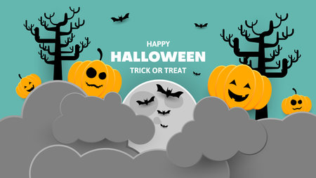 happy halloween background with pumpkin, cloud, bath and moon in paper style. vector illustrationのイラスト素材