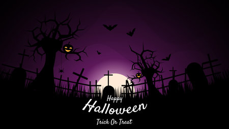 happy halloween background with pumpkin, bath, tombstone,spider and moon in silhouette style. vector illustrationのイラスト素材