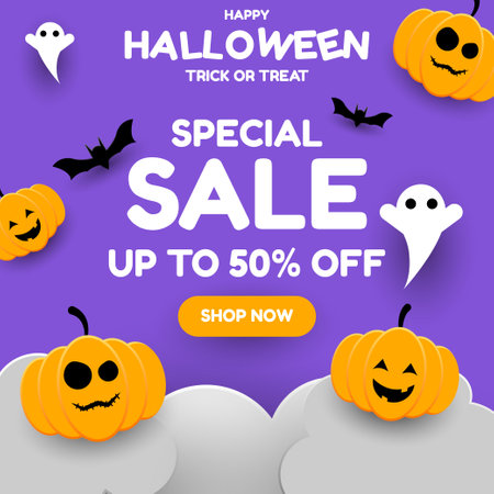 Happy halloween sale banner background with ghost , pumpkin, moon, cloud and bat for banner, poster, greeting card, party invitation or social media postのイラスト素材