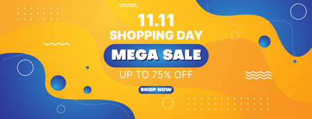11.11 sale shopping day banner design template in blue and orange color with fluid shapesのイラスト素材