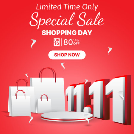 11.11 Shopping Day banner design for social media post in red and white colorのイラスト素材