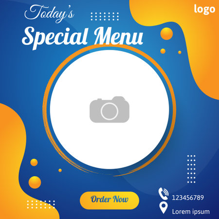food special menu social media post template design in blue and orange color. vector illustrationのイラスト素材