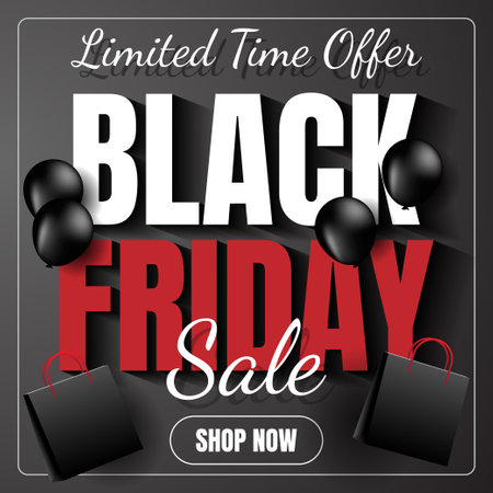 black friday sale banner background in red and black color for social media post with shiny balloons and shopping bagのイラスト素材