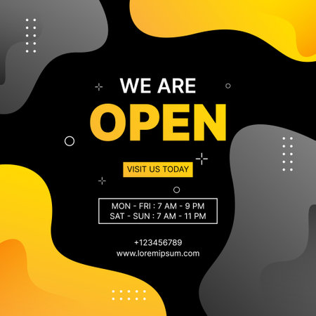 we are open banner design with yellow fluid shapes on black backgroundのイラスト素材
