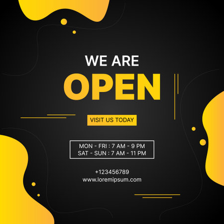 we are open banner design with yellow fluid shapes on black backgroundのイラスト素材