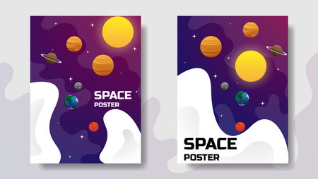 space poster design with planets, sun, star and universe. modern space cover design. vector illustrationのイラスト素材