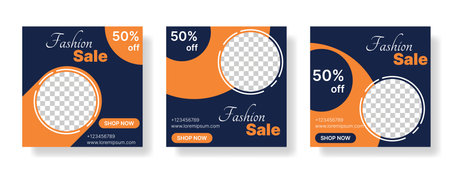 collection of fashion sale banner for social media post in dark blue and orange color. vector illustrationのイラスト素材