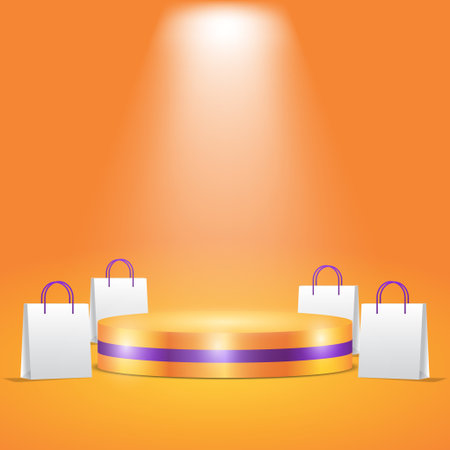 3d orange purple podium with shopping bag for business promotionのイラスト素材