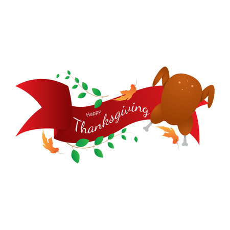 happy thanks giving background with roasted turkey and leaves. suitable for banner, greeting card, poster, etc. vector illustrationのイラスト素材