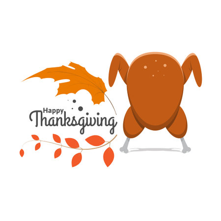 happy thanks giving background with roasted turkey and leaves. suitable for banner, greeting card, poster, etc. vector illustrationのイラスト素材