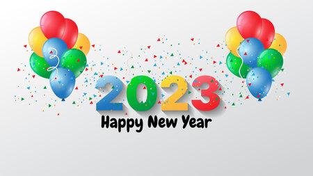 colorful happy new year background with balloons and confetti. vector illustration