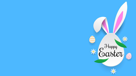 paper style happy easter greeting card with bunny ears, egg, flower and leaves with text space. suitable for banner, greeting card, poster, etc. vector illustrationのイラスト素材