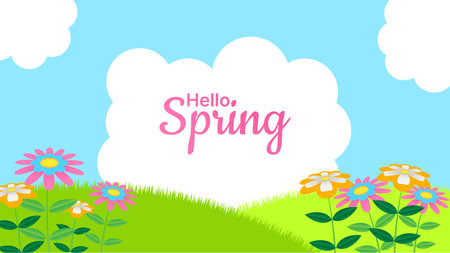 Hello spring banner with flat flowers and leaves illustration. seasonal background designのイラスト素材