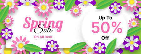 spring sale banner with flowers and leaves. seasonal business promotion background design. vector illustrationのイラスト素材