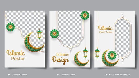 set of islamic poster design for ramadan kareem. eid mubarak, eid al-fitr, eid al-adha, muharam islamic new year, etc.のイラスト素材