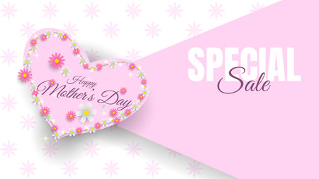 happy mother's day sale banner design with flowers and heart shapes in pink and white color for business promotionのイラスト素材