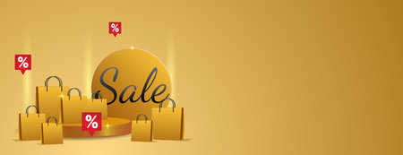 golden business promotion decoration with shopping bag and podium for sale banner with space for textのイラスト素材