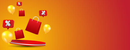 shopping bag, balloons and podium vector illustration for sale banner with text spaceのイラスト素材