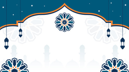 flat islamic background in blue and orange color with lantern, mandala and space for textのイラスト素材