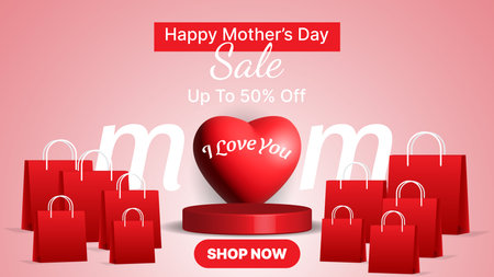 3d mother's day sale banner with heart shape, shopping bag and podium in red colorのイラスト素材