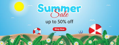 summer sale banner vector design with leaves, flowers, beach ball, sun, bird and sand beach for business promotionのイラスト素材