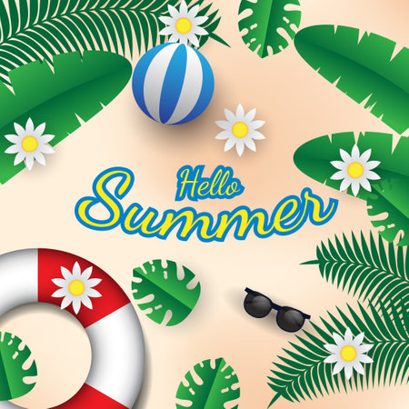 Summer background vector design with leaves, flowers, beach ball and sunglasses. suitable for social media post, greeting, etc.のイラスト素材