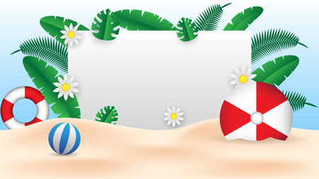 summer banner background with leaves, flower, umbrella, beach ball, sunglasses and white board for the textのイラスト素材