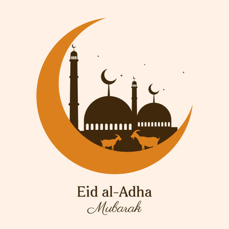 eid al adha mubarak greeting card with crescent and sheep . islamic vector illustrationのイラスト素材
