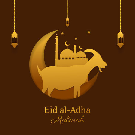 eid al adha mubarak greeting card with crescent and sheep . islamic vector illustrationのイラスト素材