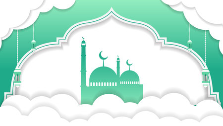 islamic background with paper cut style in green and white color.vector illustrationのイラスト素材