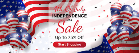 4th of july independence day sale banner design with american flag, confetti and balloons. vector illustrationのイラスト素材