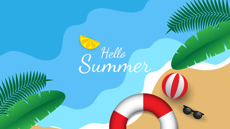 summer background with beach sand, beach balls, beach tires, glasses and tropical leavesのイラスト素材