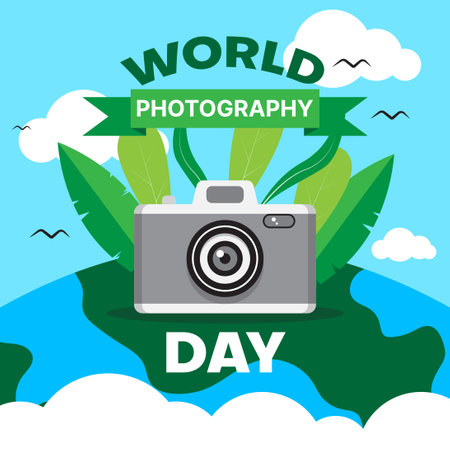 world photography day background with camera and nature. vector illustrationのイラスト素材