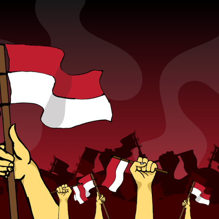indonesia independence day banner with hand drawn style illustration on red backgroundのイラスト素材