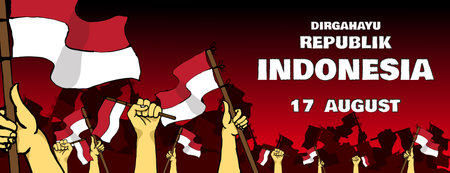 indonesia independence day banner with hand drawn style illustration on red backgroundのイラスト素材