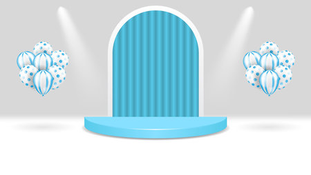 blue 3d podium with balloons and light. product display presentation. stage showcase. vector illustrationのイラスト素材