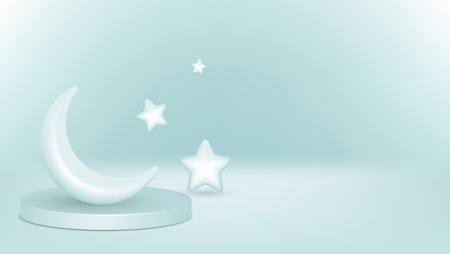 white 3d islamic background with crescent moon, stars and podium. suitable for ramadan kareem, eid mubarak, muharram, etc.のイラスト素材