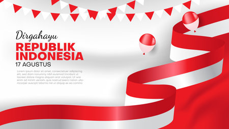 indonesia independence day banner with indonesian flag ribbon, balloons and confettiのイラスト素材