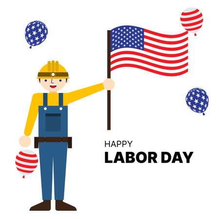 cartoon of labor day animation with a builder, flag and balloonsのイラスト素材