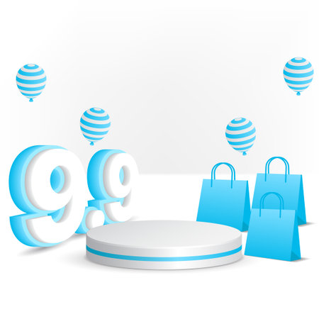 9.9 sale in white and blue color with realistic podium , balloons and shopping bagのイラスト素材
