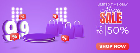 9.9 mega sale banner design with 3D podium in purple color. 9.9 shopping day banner design vector.のイラスト素材