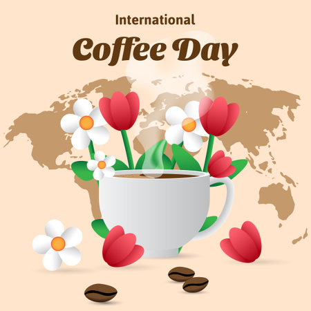 international coffee day background with coffee cup, flowers and world map. vector illustrationのイラスト素材
