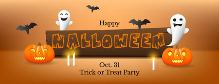 happy halloween banner design with halloween element or decorative objectのイラスト素材