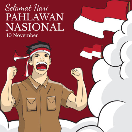 Selamat hari pahlawan nasional. Translation: Happy Indonesian National Heroes day. hand drawn vector illustration of Indonesian National Heroes Day for banner, poster, flyer, greeting card, etc.のイラスト素材
