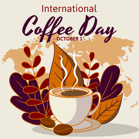 international coffee day background with flat illustration of coffee cup and plants. can be used for banner, poster, web, social media post, etc. vector illustrationのイラスト素材
