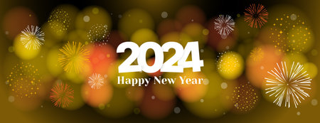 2024 banner design with yellow orange light bokeh and fireworks backgroundのイラスト素材