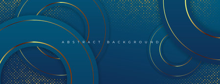 Blue abstract background with gold lines and circles. Modern design template. Vector illustrationのイラスト素材