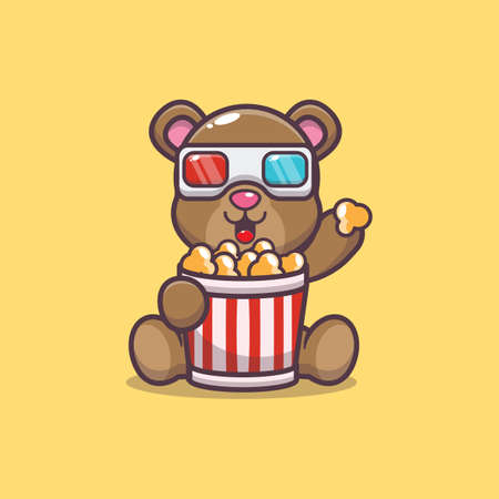 Cute bear eating popcorn and watch 3d movie. Cute animal cartoon illustration.のイラスト素材