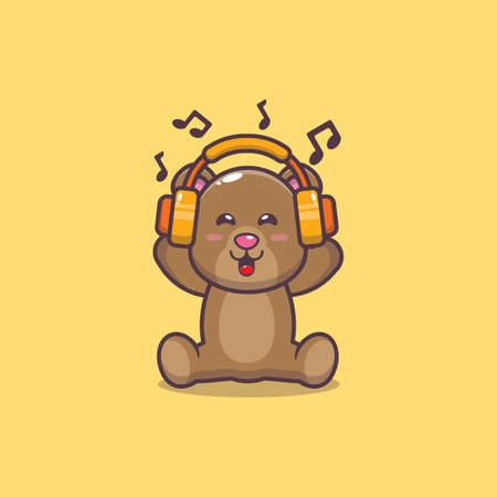 Cute bear listening music with headphone. Cute animal cartoon illustration.のイラスト素材